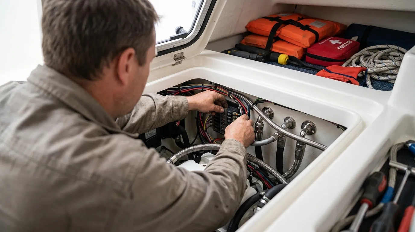 Marine technician checking labeled boat wiring and hardware