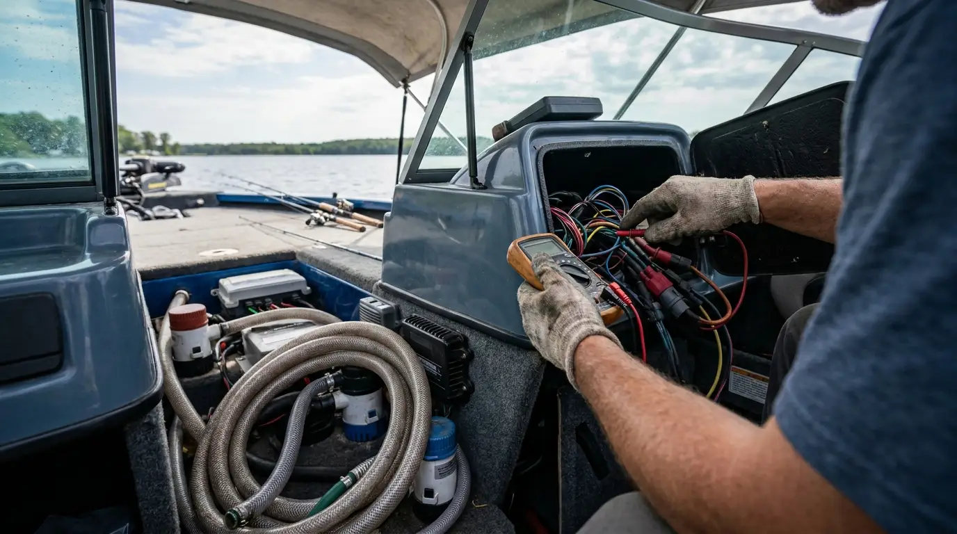 Marine technician checking wiring behind a chartplotter