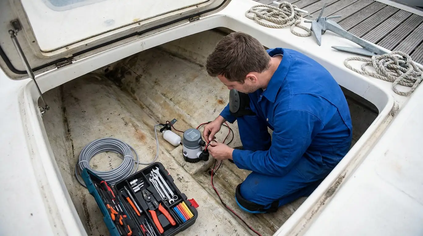Marine technician installing an automatic bilge pump and float switch in a fiberglass boat hull
