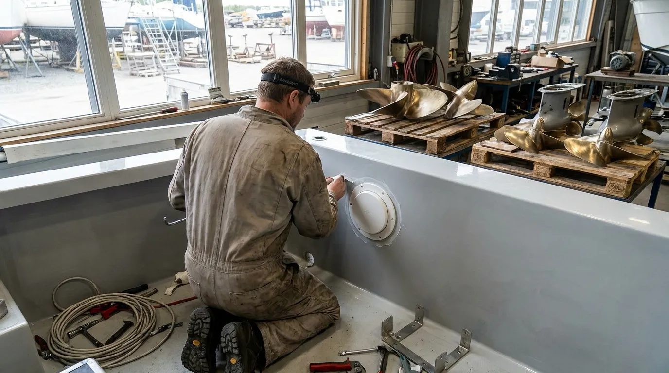 Marine technician installing an ultrasonic transducer inside a boat hull