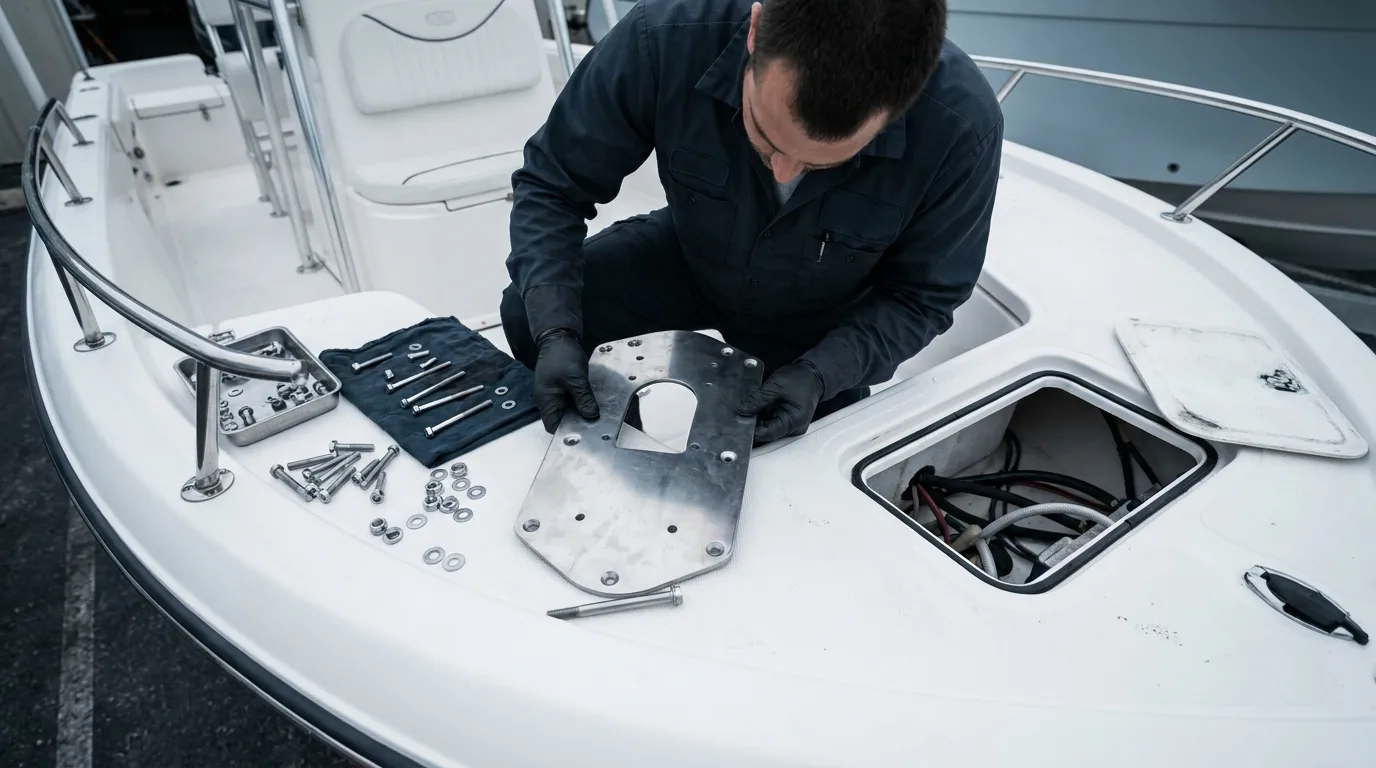 Marine technician test-fitting a trolling motor mount