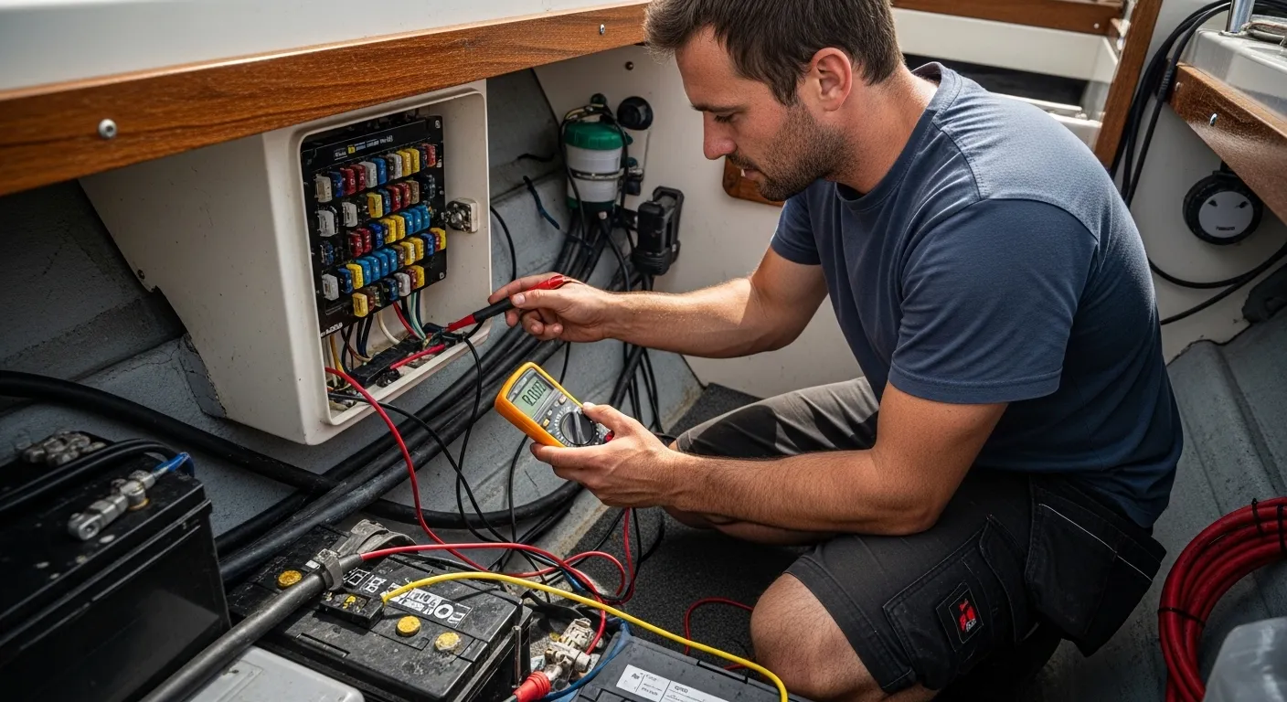 Marine technician using multimeter on boat wiring