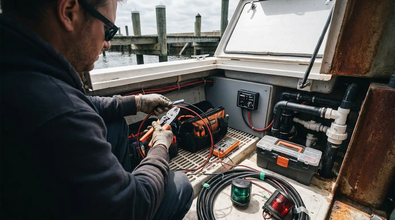 Marine technician wiring a bilge pump switch