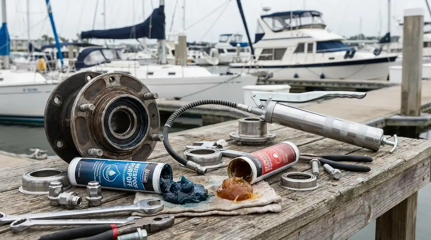 Marine trailer hub and grease tools on a dock workbench