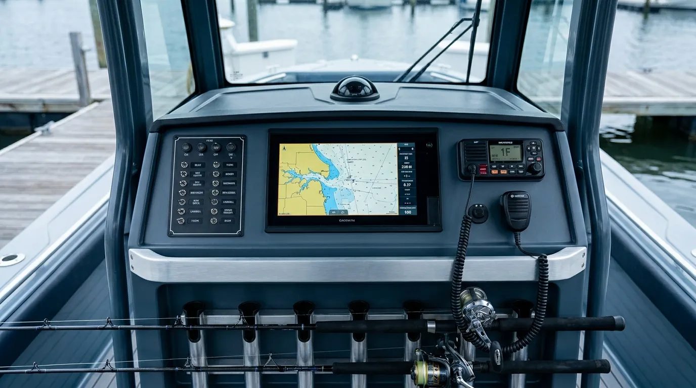 Marine VHF radio setup at a boat helm