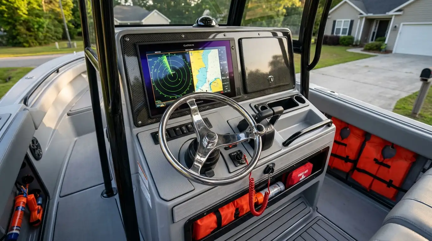 Modern boat helm with integrated radar and chartplotter
