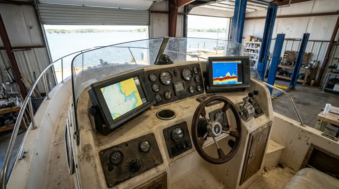 Modern boat helm with multifunction marine display and sonar screen