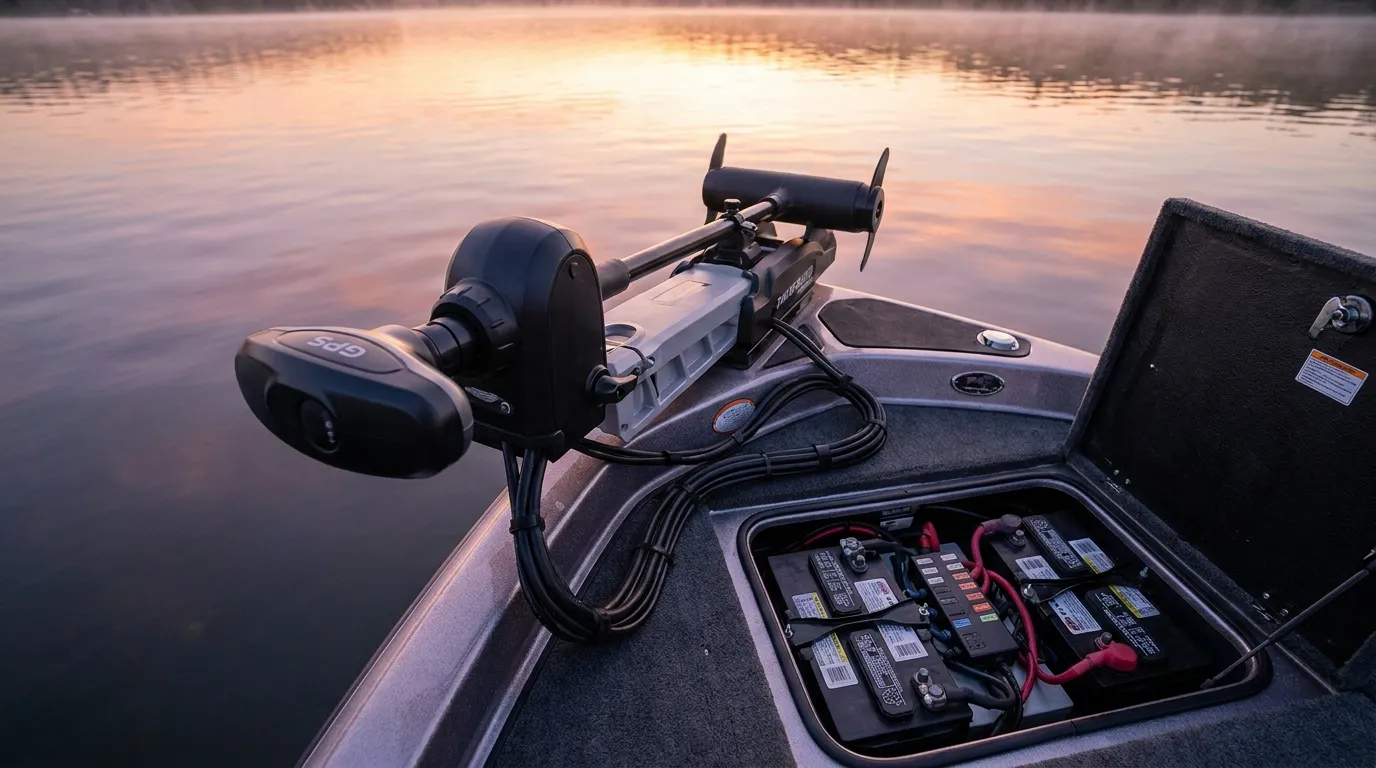 Modern bow-mounted trolling motor on a fishing boat
