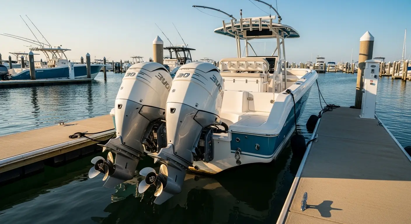 Modern center-console boat with powerful outboard engines at dock
