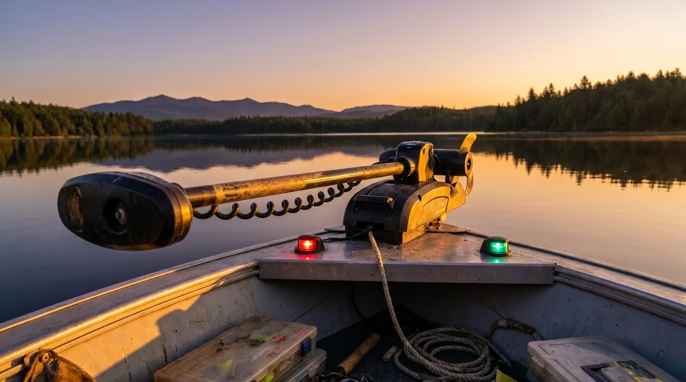 Modern electric trolling motor mounted on a fishing boat bow