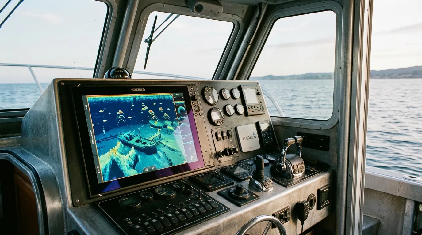 Modern fish finder display on a fishing boat