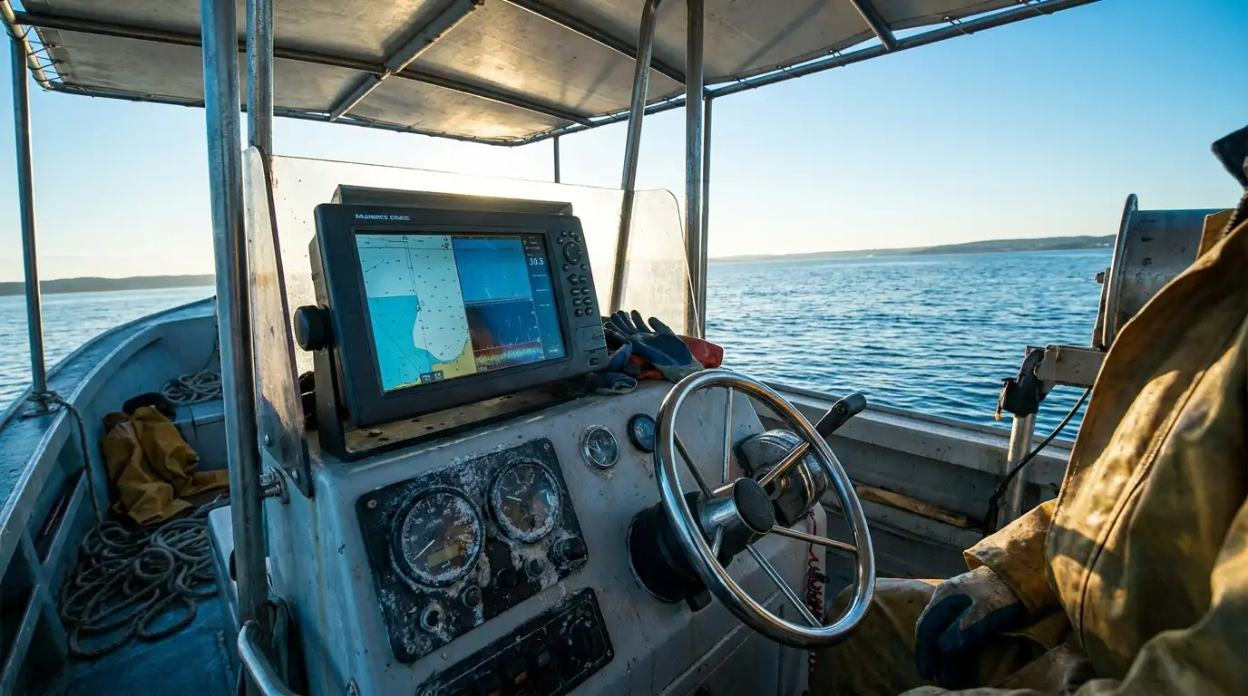 Modern fish finder mounted on a center console boat