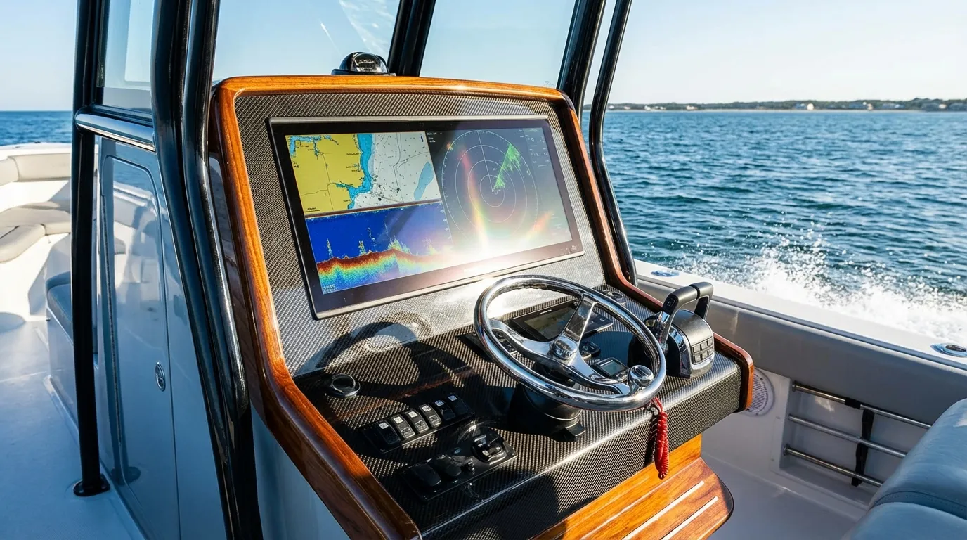 Modern fish finder on boat console