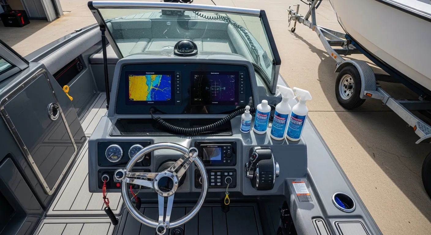 Modern fishing boat helm with integrated displays