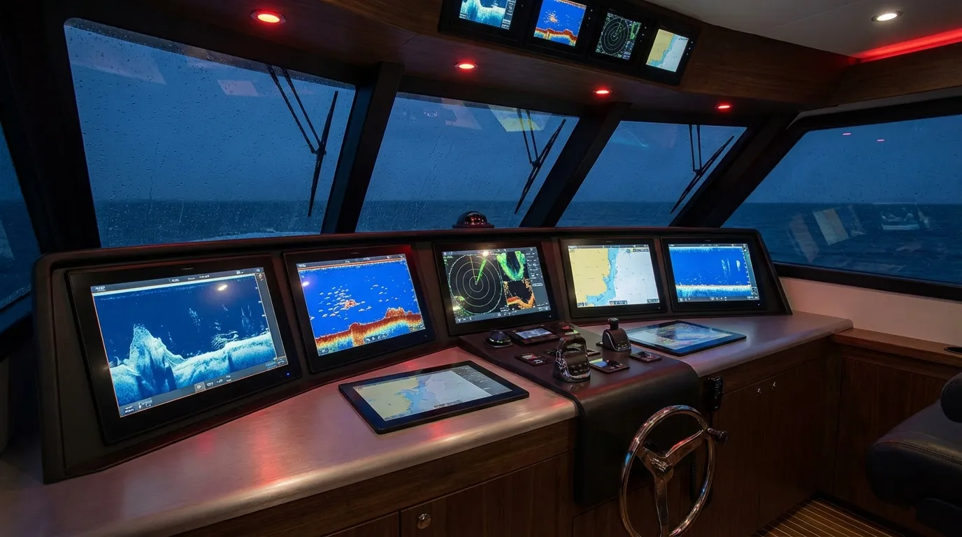Modern fishing boat helm with smart displays
