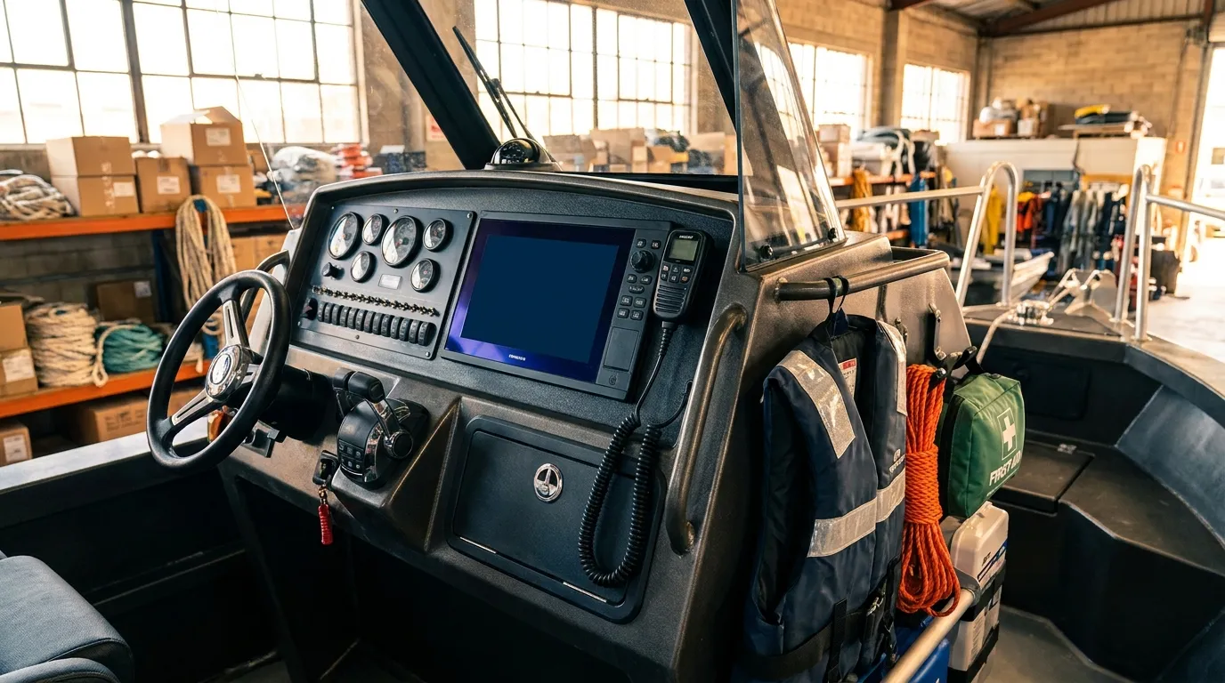 Modern fishing boat helm with VHF radio, navigation display, and safety gear ready