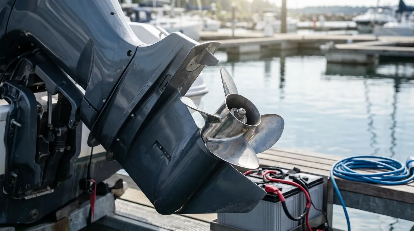 Modern stainless steel marine propeller on an outboard lower unit