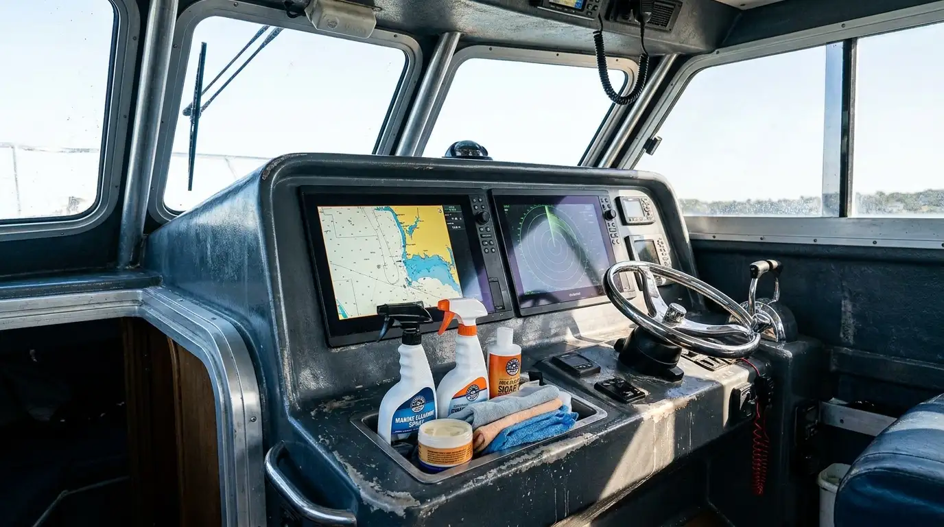 Offshore boat dashboard with chartplotter, radar, and navigation electronics