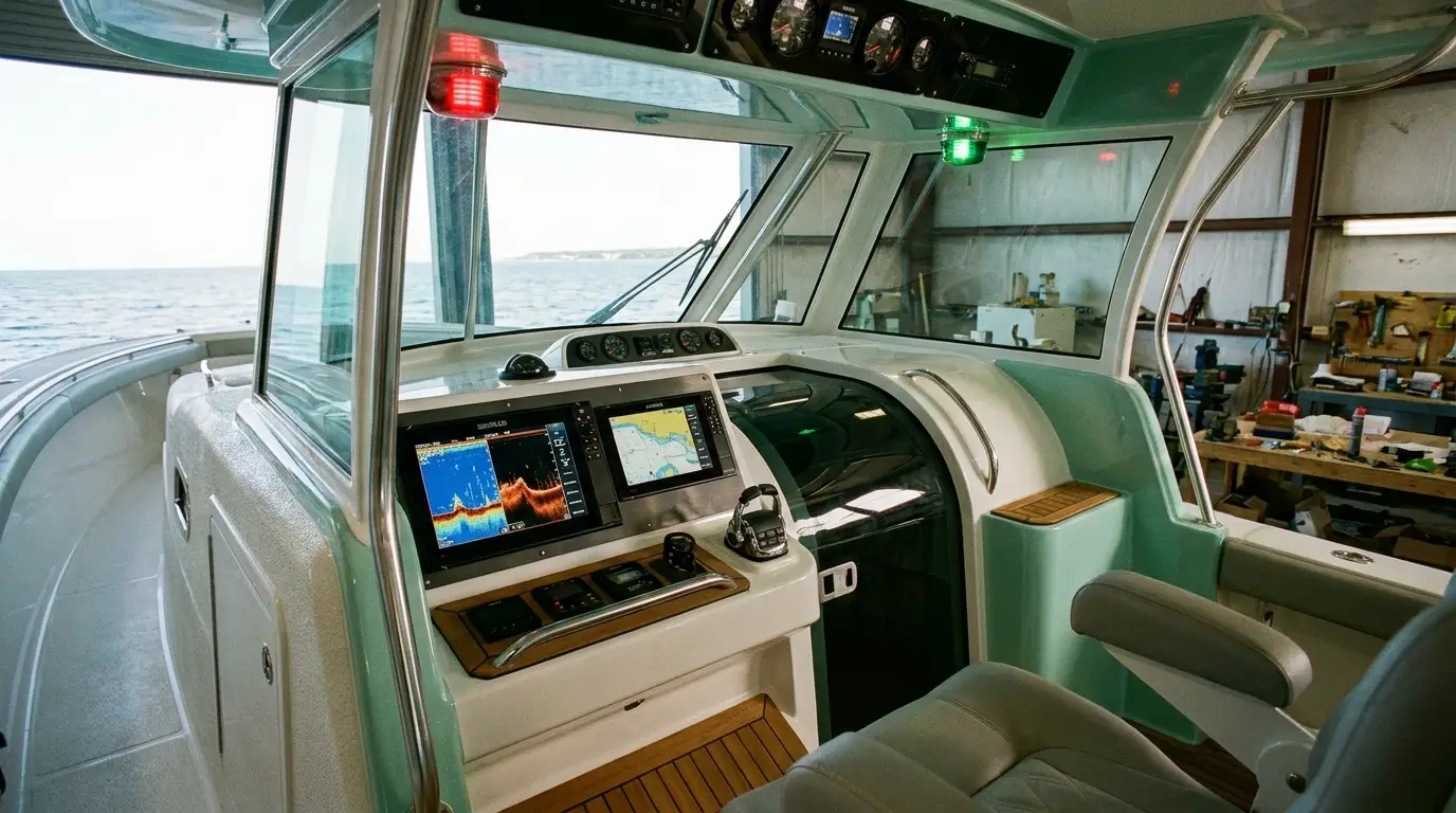 Offshore fishing boat helm with integrated sonar and navigation display
