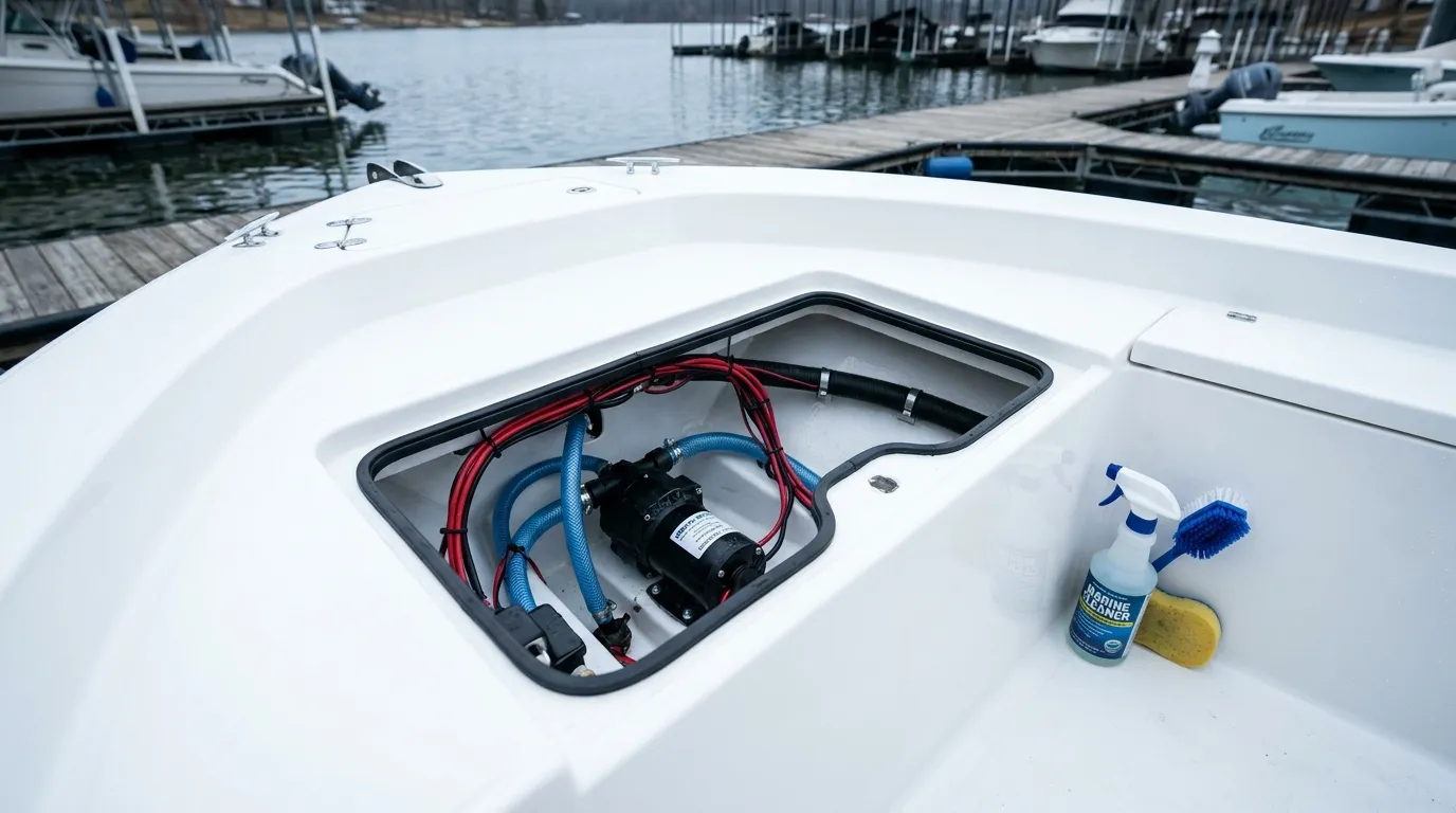 Open bilge compartment in a center console boat