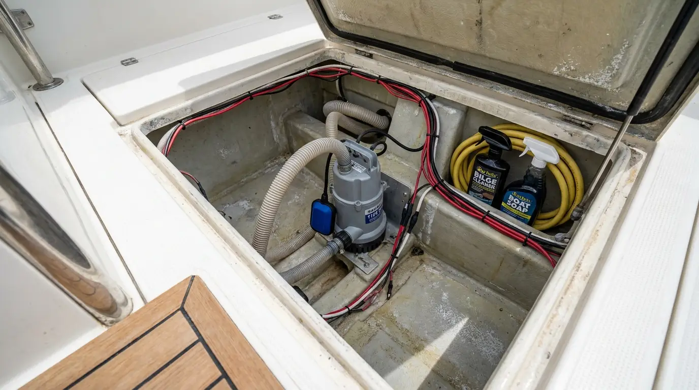 Open bilge compartment in a small fishing boat with pump, hoses, wiring, and clean marine hardware