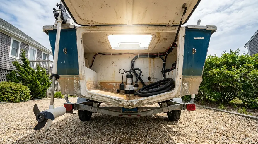 Open bilge compartment with marine bilge pump and hoses