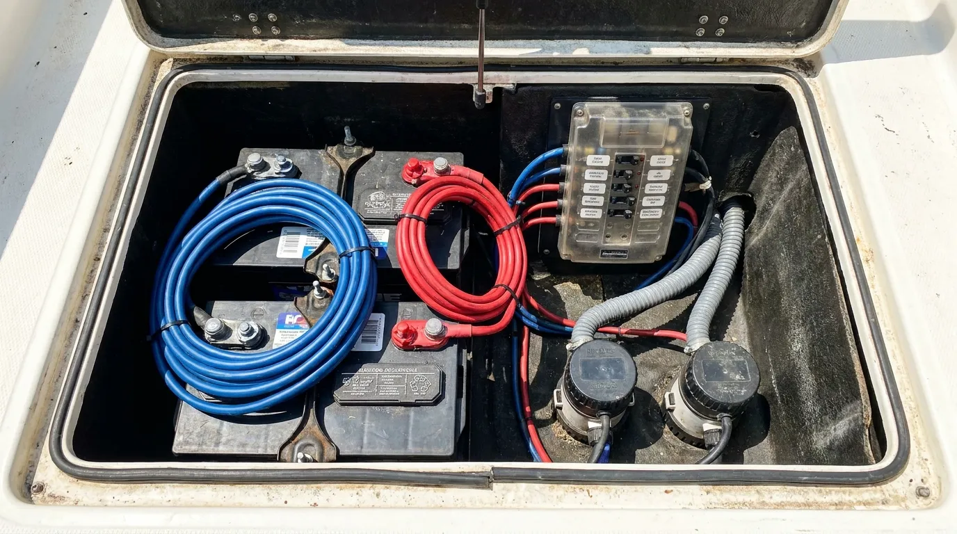 Open boat battery compartment with clean marine wiring and fuse panel