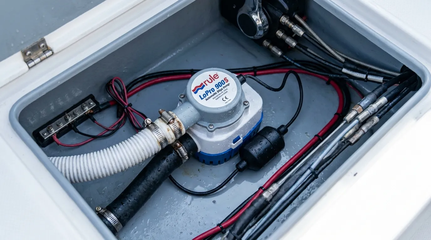 Open boat bilge compartment with pump, float switch, hoses, and wiring visible