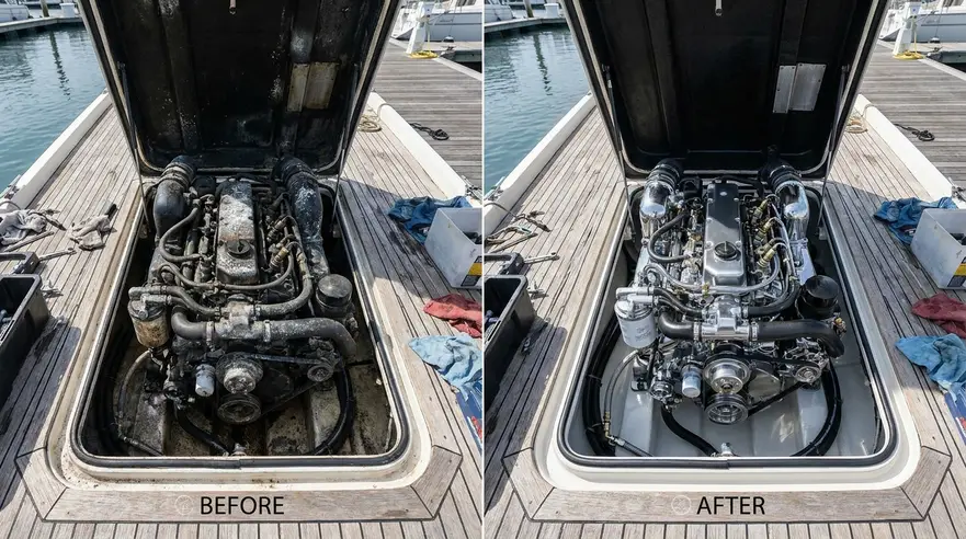Open boat engine compartment with clean fuel system components