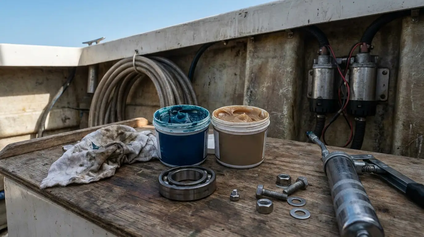 Open tubs of marine grease and regular grease beside boat maintenance tools
