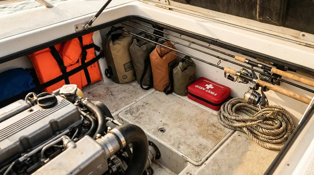 Organized boat deck with dry bags, safety kit, and marine accessories ready for a day trip