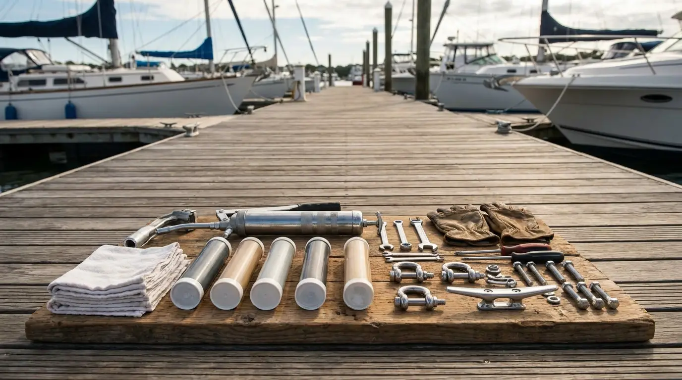 Organized marine grease maintenance kit on dock