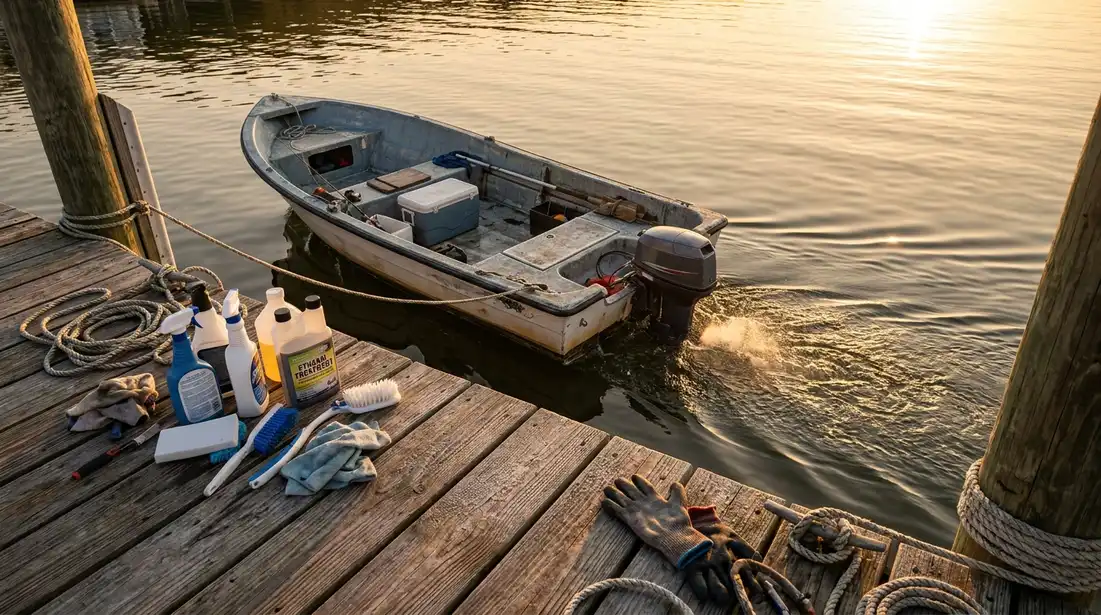 Outboard boat running smoothly across calm water at sunrise