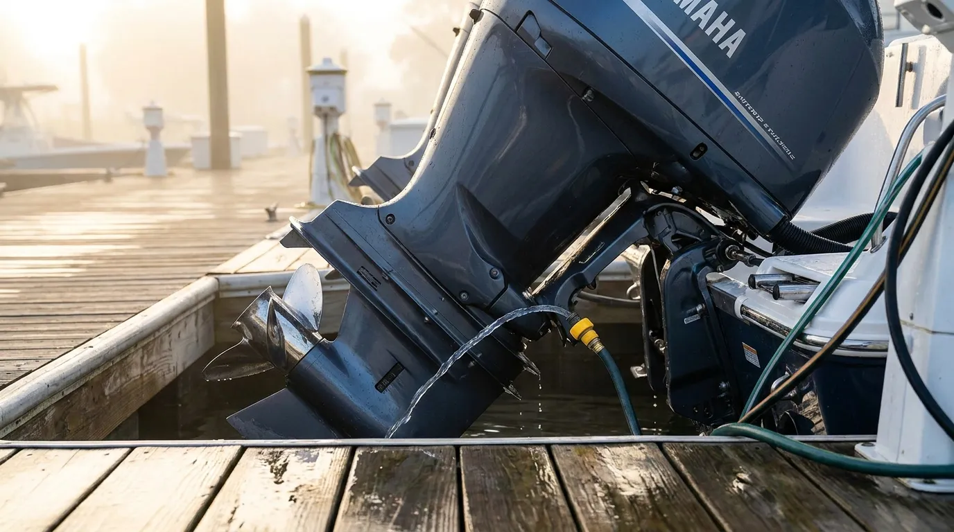 Outboard motor being flushed at a dock
