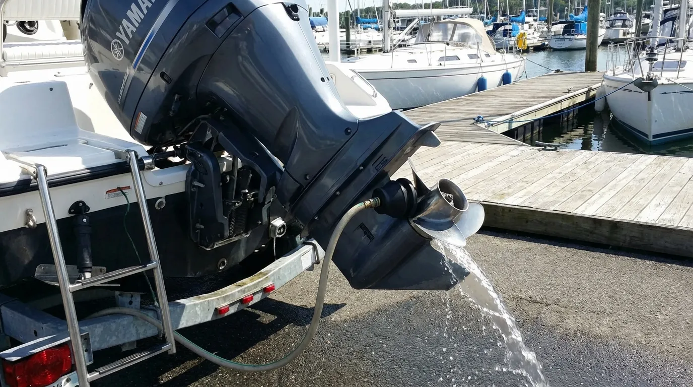 Outboard motor being flushed on a trailer