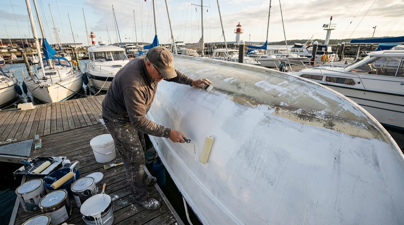 Person applying marine paint with roll and tip method