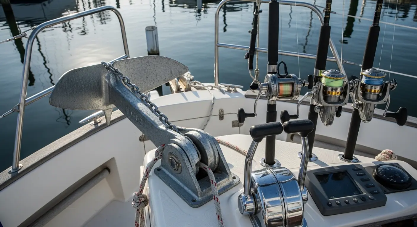 Plow anchor secured on a boat bow roller