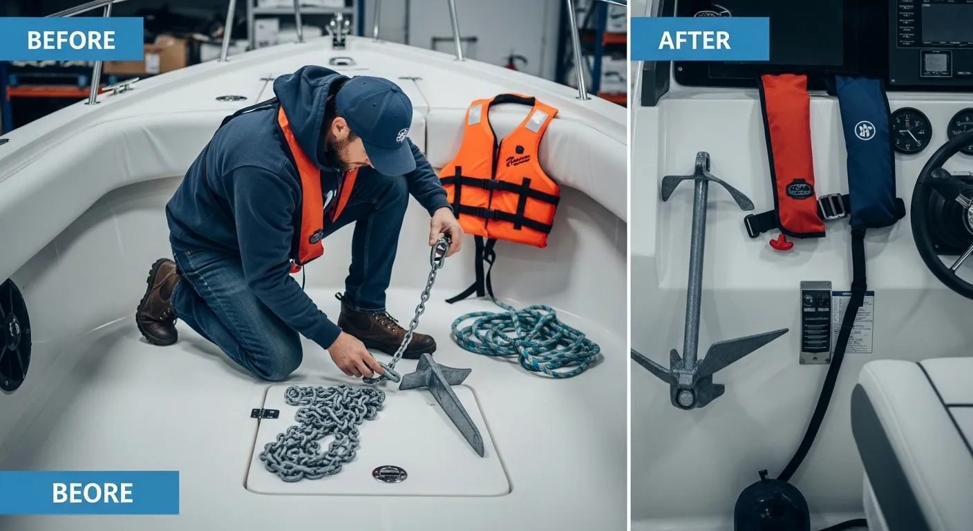 Recreational boater checking anchor gear on deck