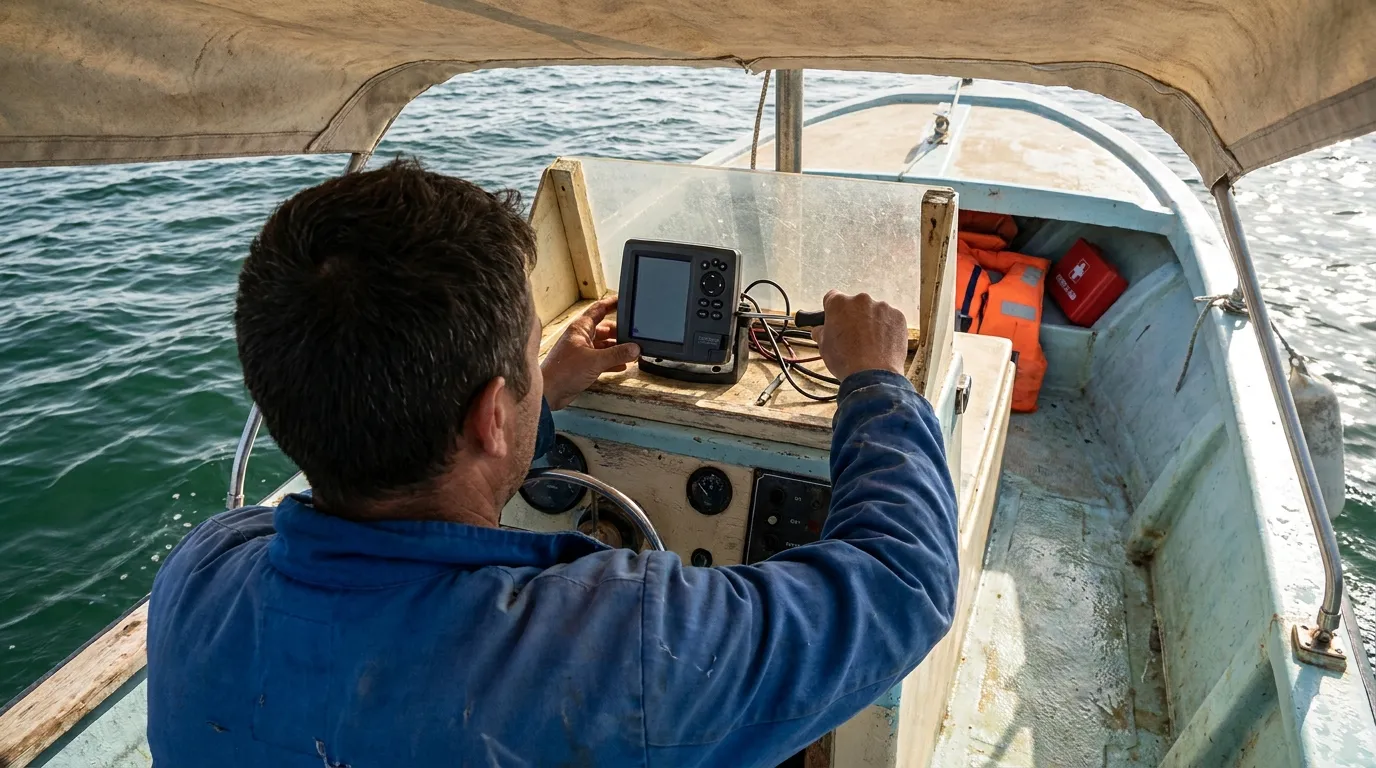 Small boat fish finder mounted near helm