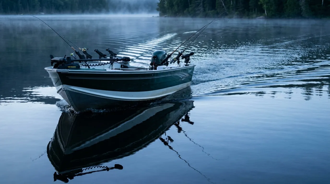 Small fishing boat moving cleanly through calm marina water