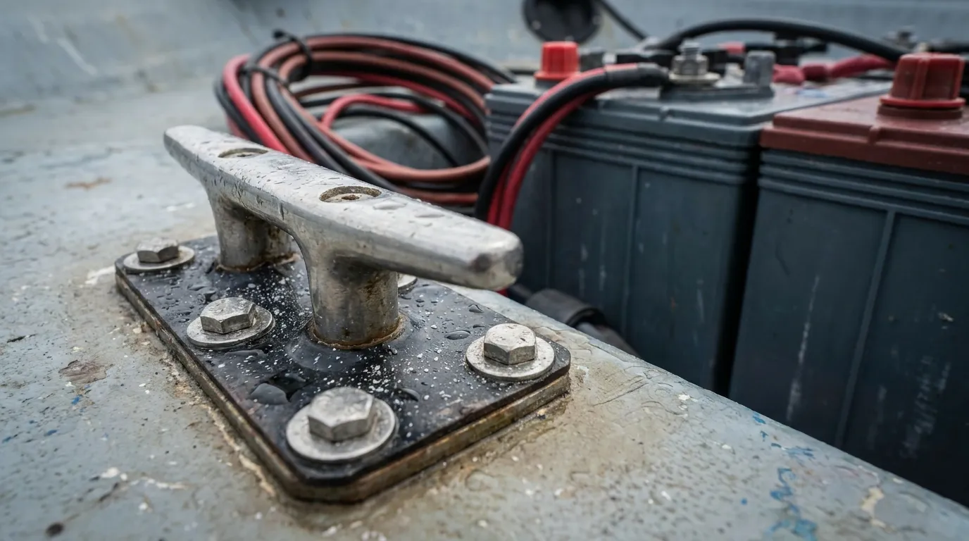Stainless boat hardware on a wet deck