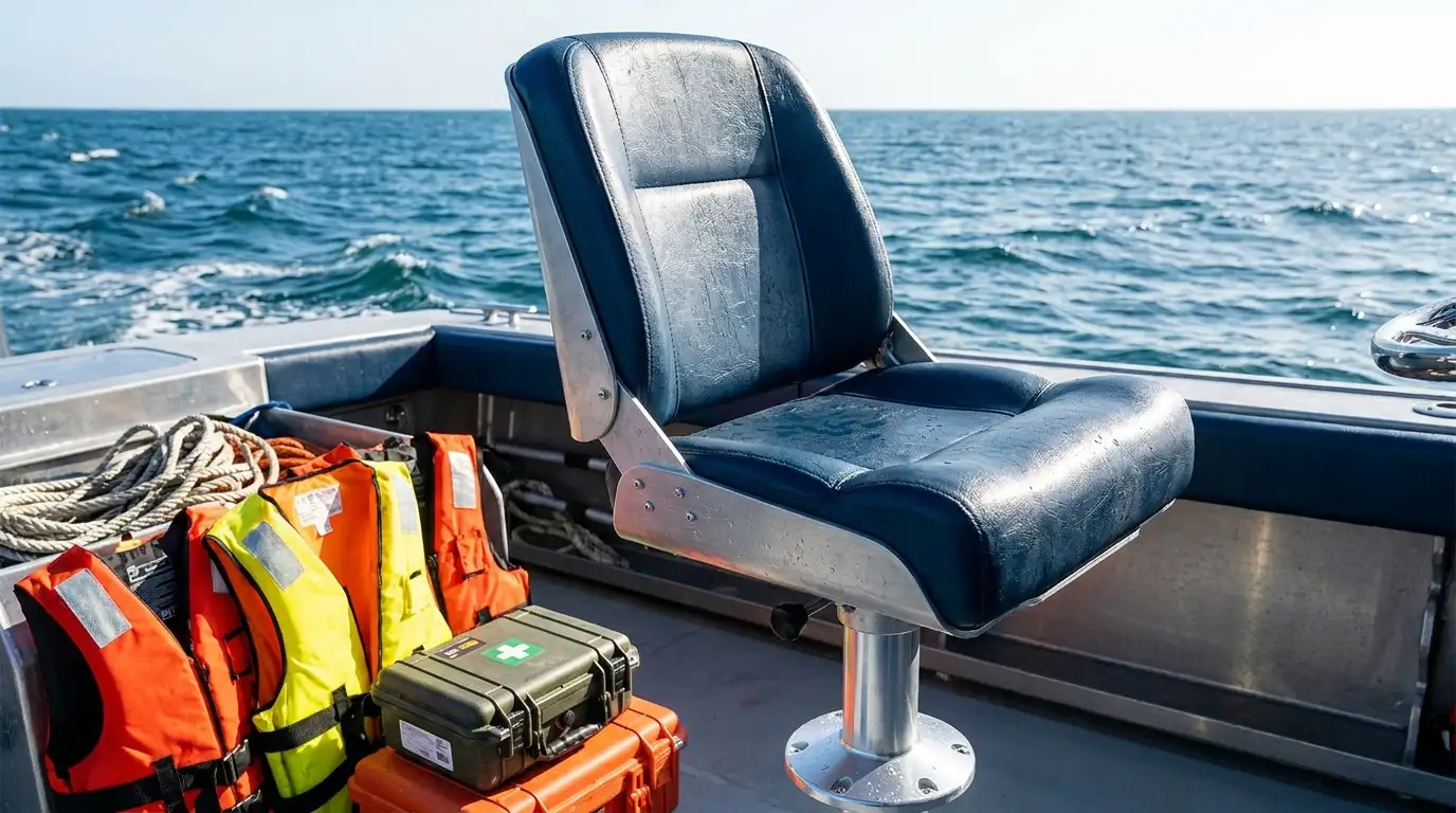 Suspension boat seat base in rough-water setup