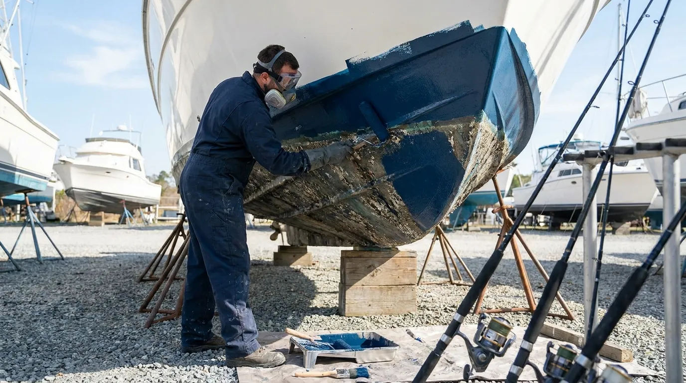 Technician applying antifouling coating to a fiberglass hull in a boatyard