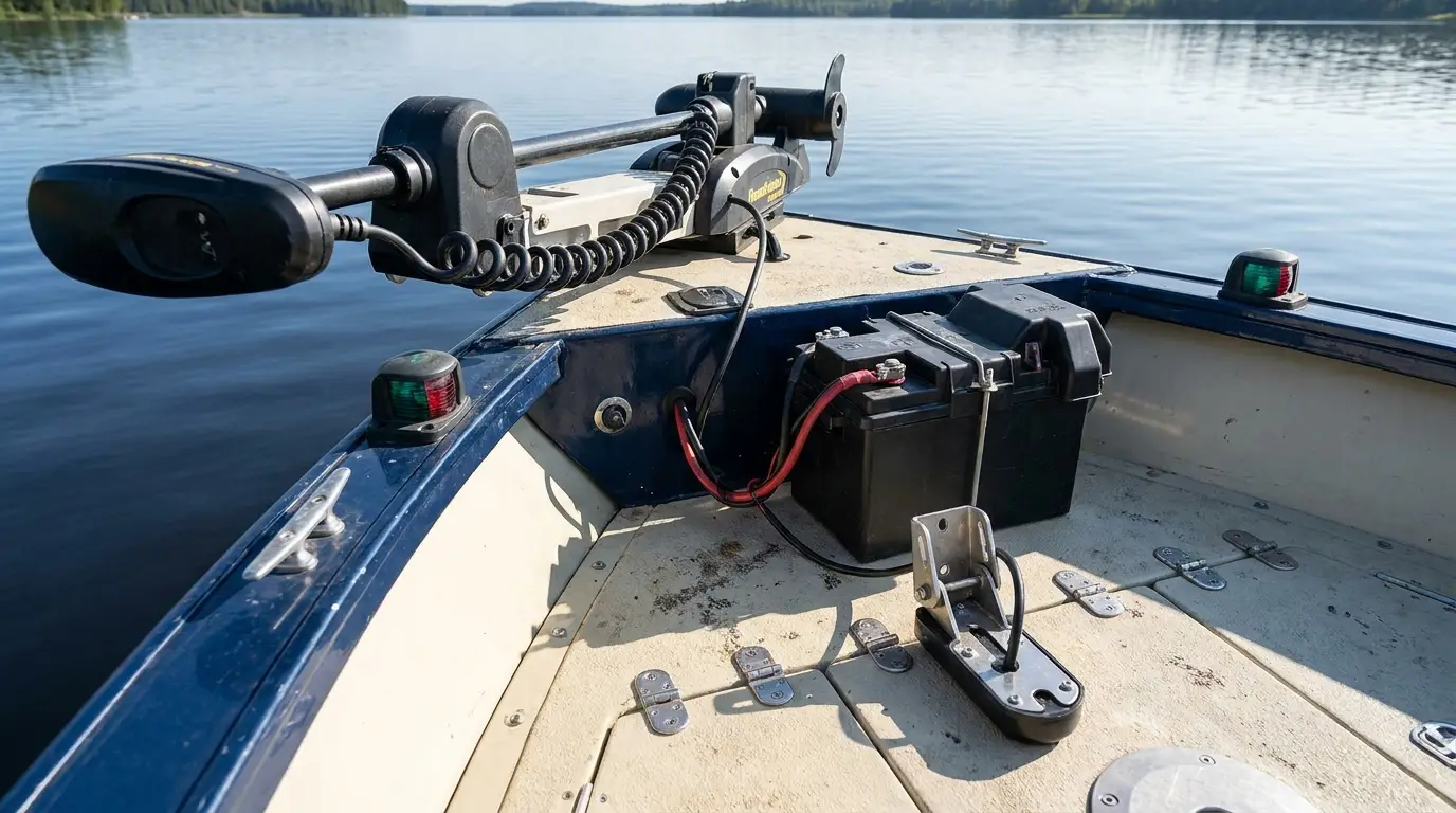 Trolling motor setup on a fishing boat bow