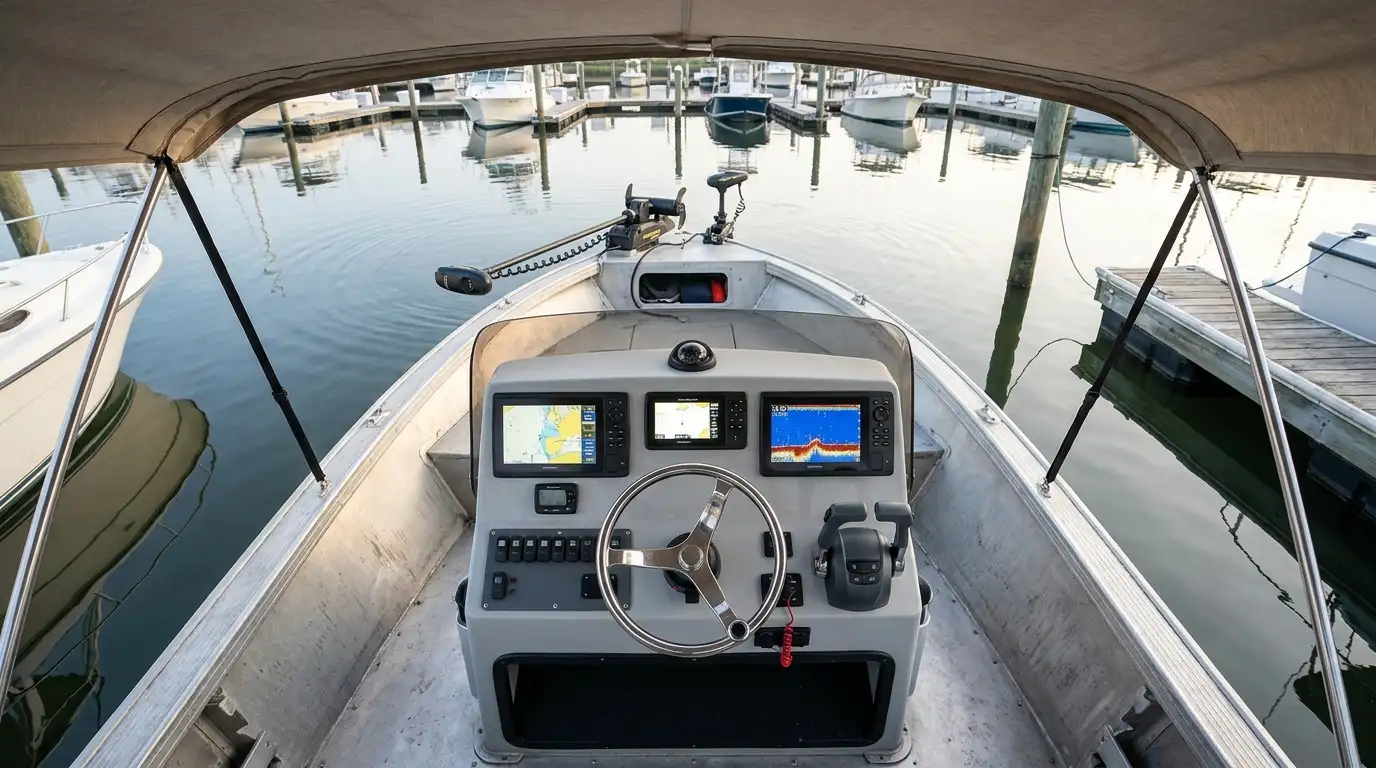 Upgraded fishing boat helm with modern marine electronics