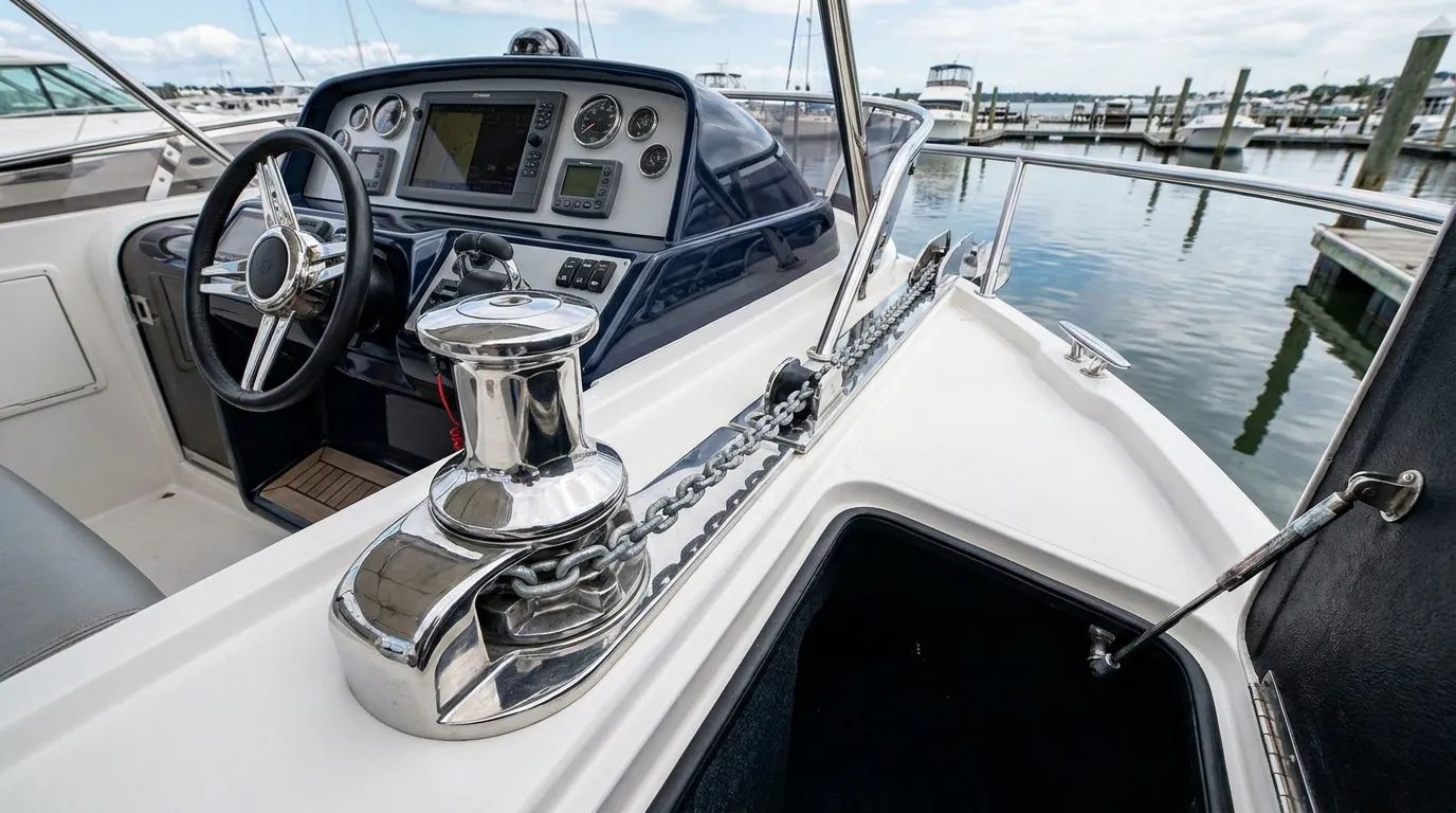 Vertical anchor winch on a clean bow roller setup