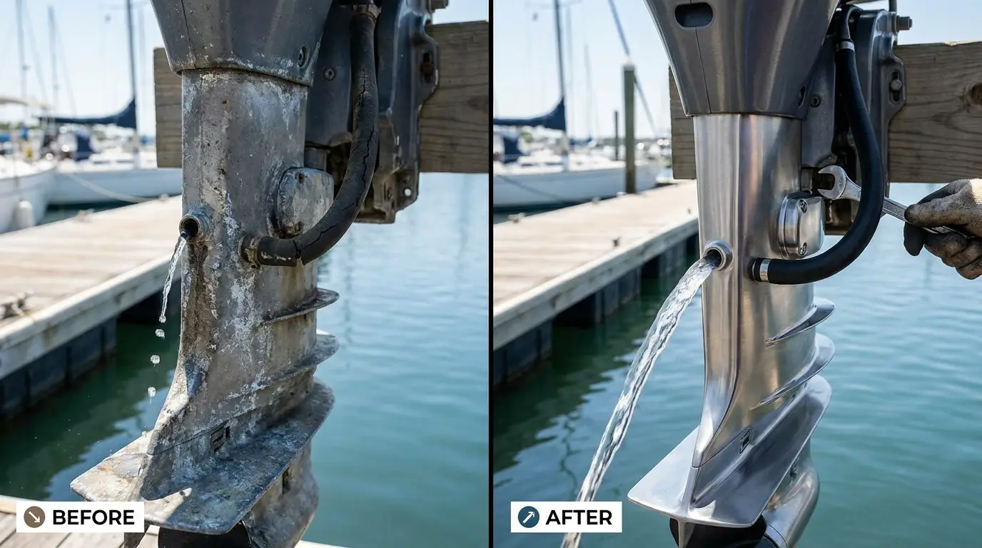 Weak tell-tale water stream from an outboard engine at dockside
