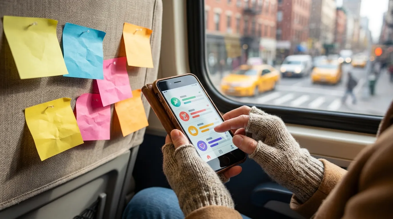 A person checking off habits on a smartphone while commuting, natural light, realistic everyday setting