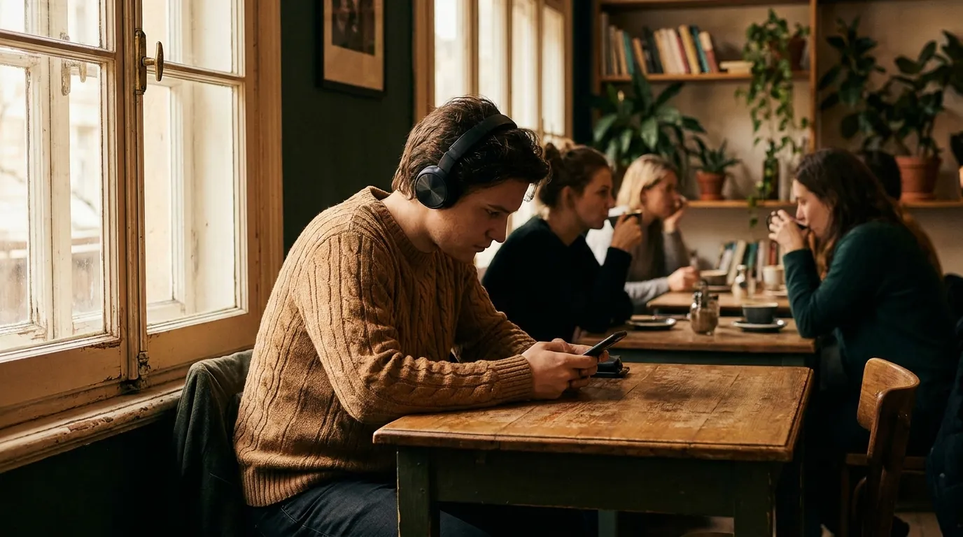 A photorealistic image of a young adult sitting at a cozy café table, absorbed in their smartphone, natural light streaming through a window, soft shadows, warm wood tones, and a blurred background of