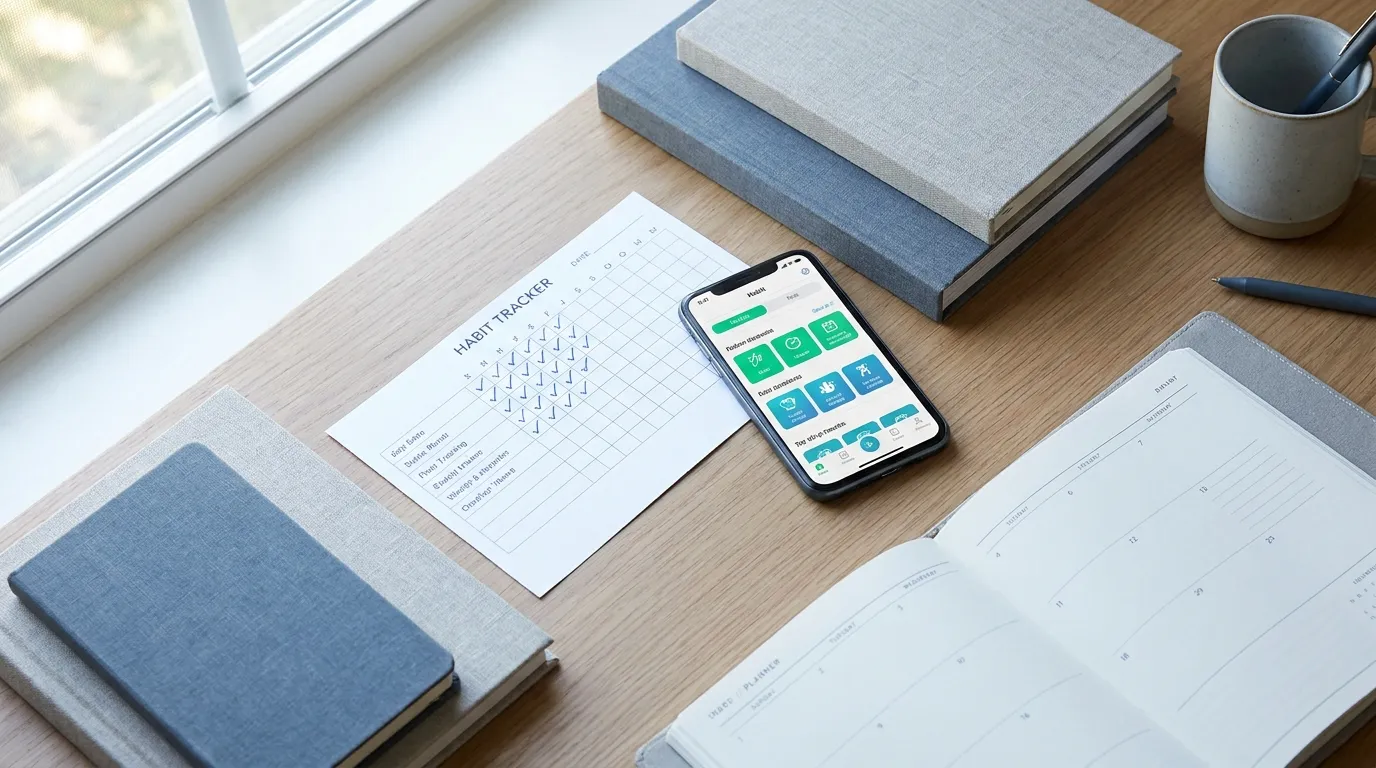 A split scene showing a printed habit tracker on one side and a habit app on a phone on the other